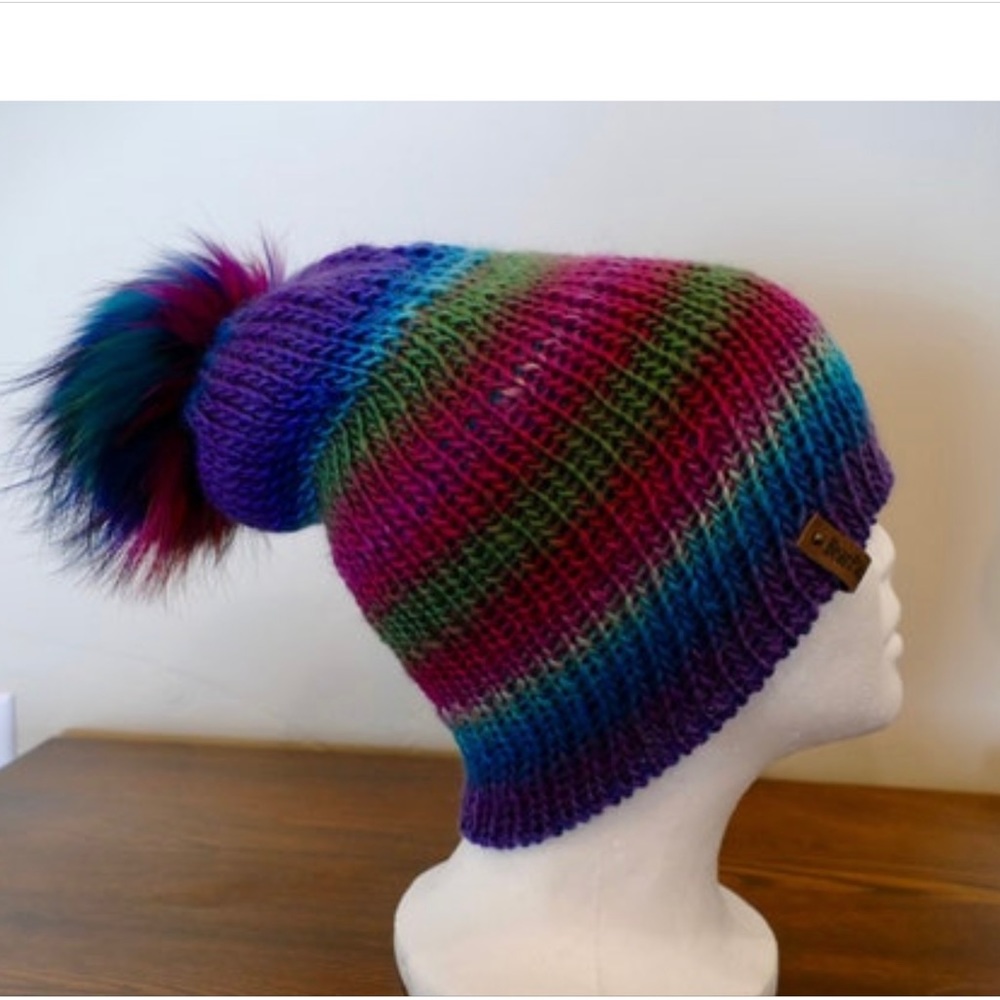 Slouchy Knitted Winter Reversible Hat with Real Fur Snap Pom